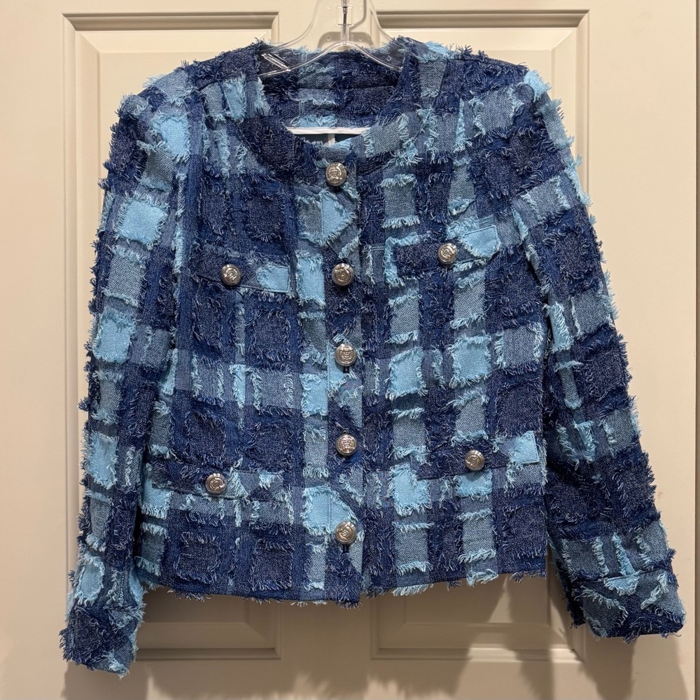 NWOT Blue Plaid Textured Jacket with Silver Buttons